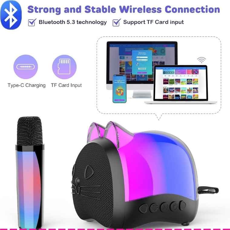 Cat Mini Karaoke Machine is a fun, portable Bluetooth speaker designed for kids aged 3-12