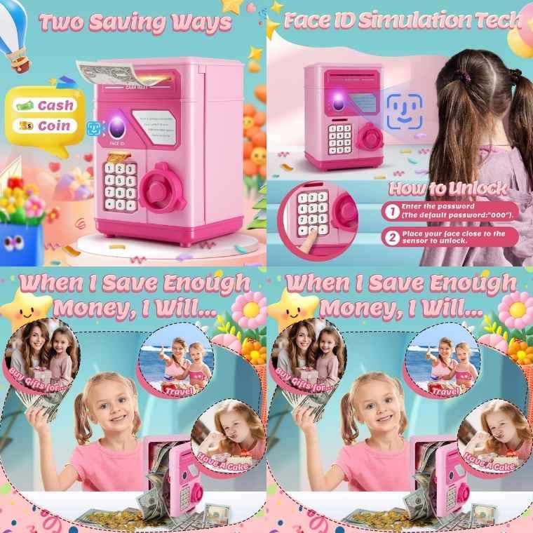 Electronic Piggy Bank for Kids | ATM Simulation with Password & Face ID | Pink Money Savings Bank for Girls (Ages 6-10)