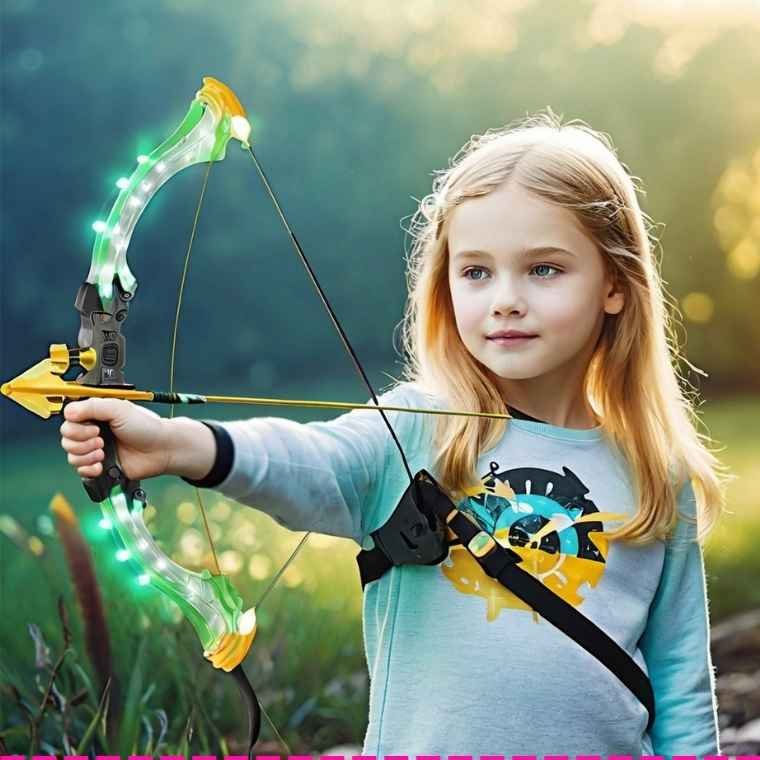 This 2-pack Kids Bow and Arrow Set features sound effects and color-changing LED lights